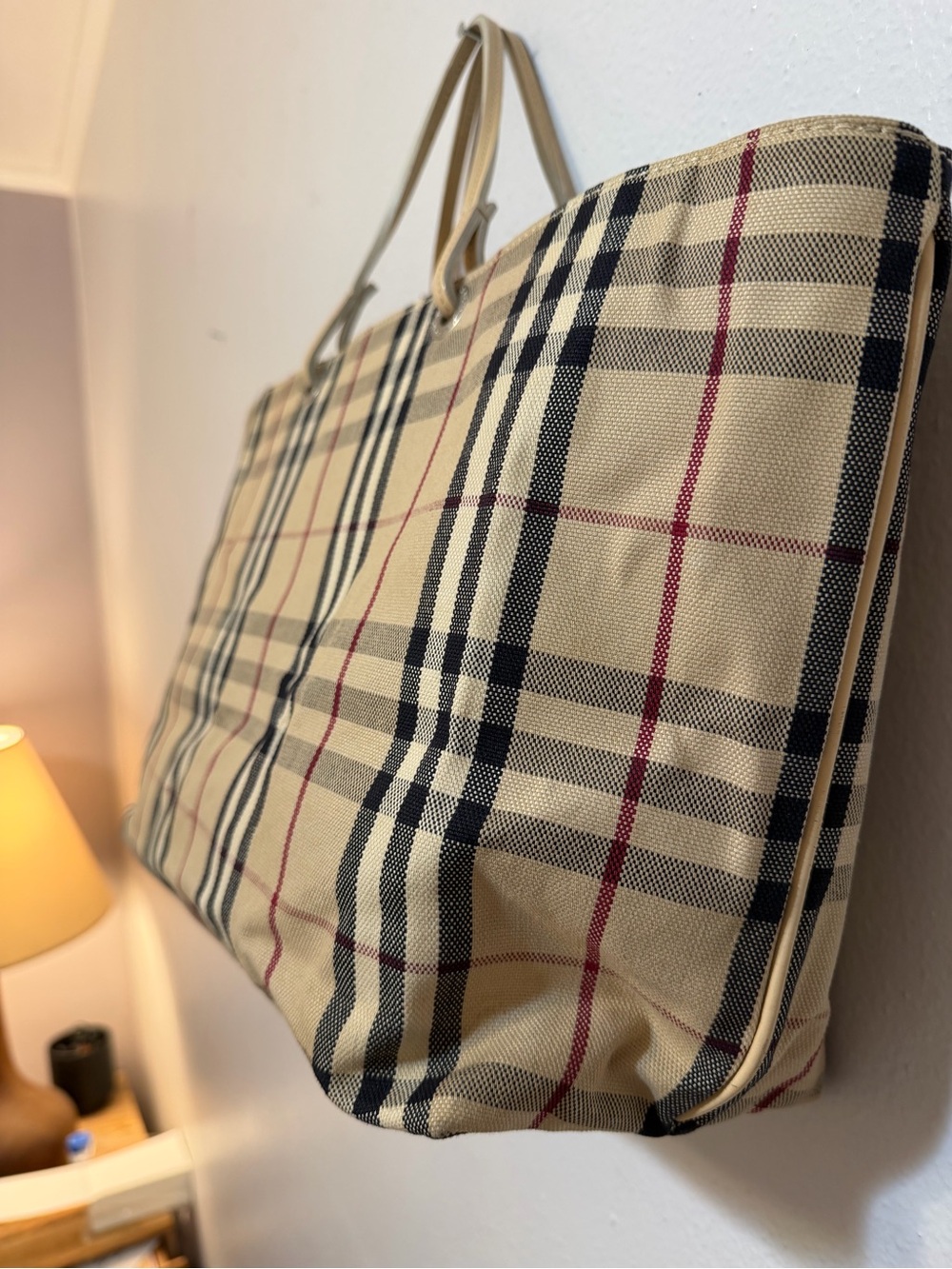 Burberry NOVA CHECK Plaid Canvas Tote with Tan Leather Trim Made in Italy - Picture 9 of 16